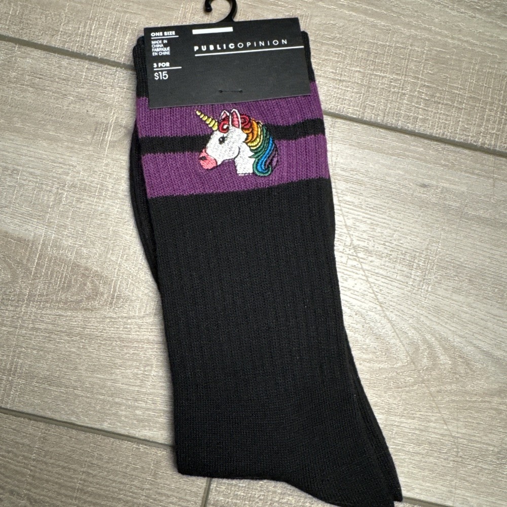 NWT‎ Unicorn Crew Socks Mens Black Purple One Size by Public Opinion